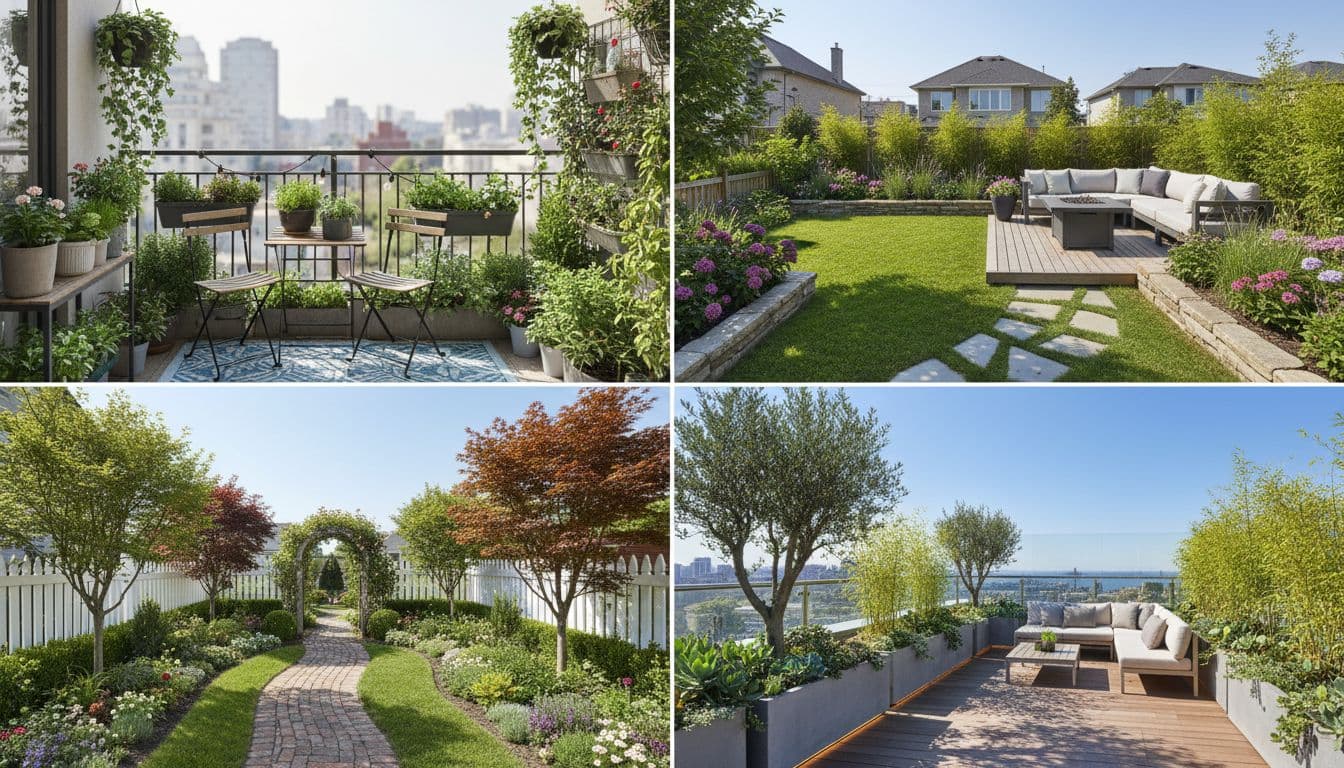 Collage of diverse outdoor spaces including a balcony garden, backyard, front yard, and rooftop terrace