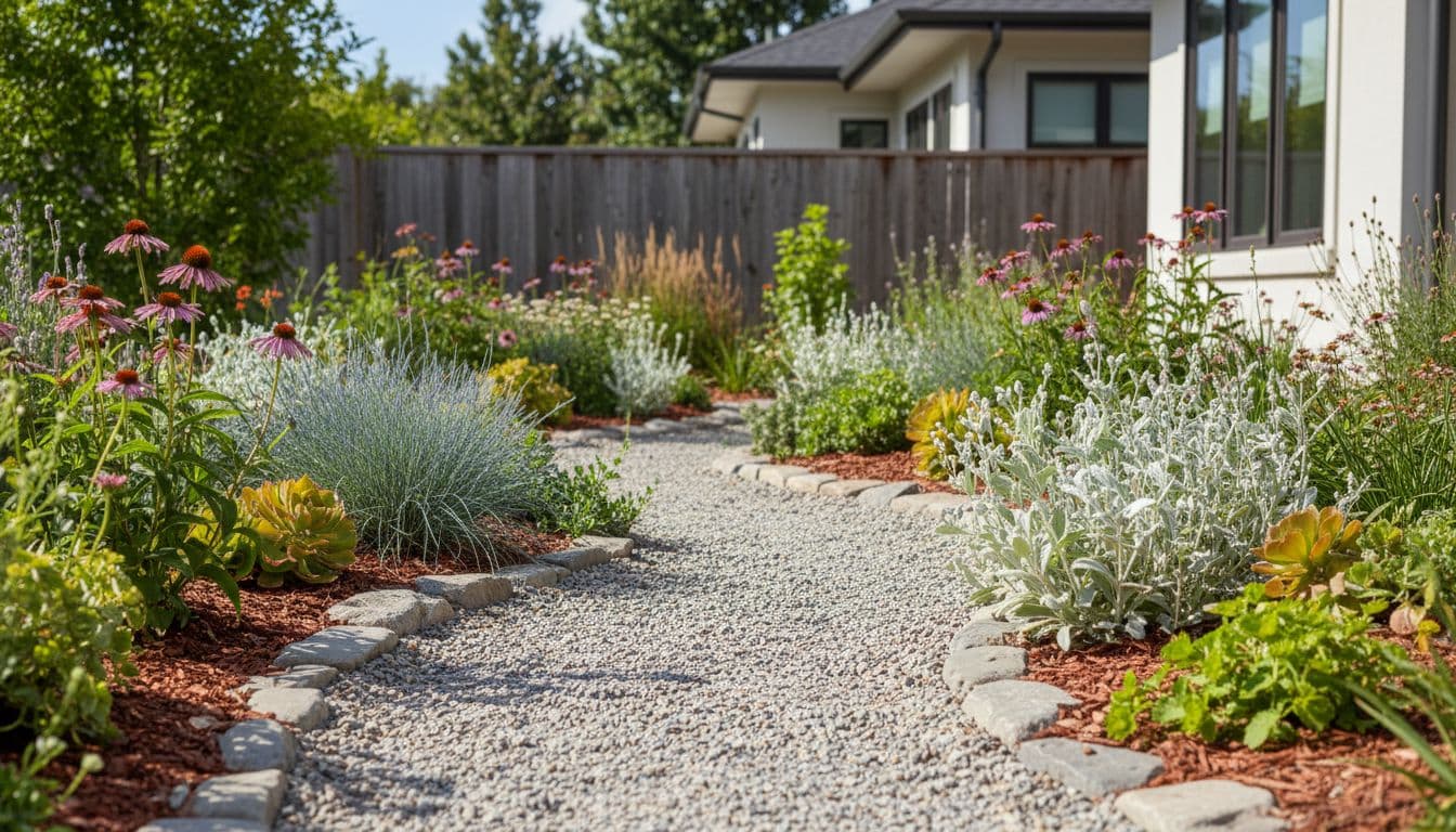 Low-maintenance native-plant garden bed with drought-tolerant plants and a gravel path
