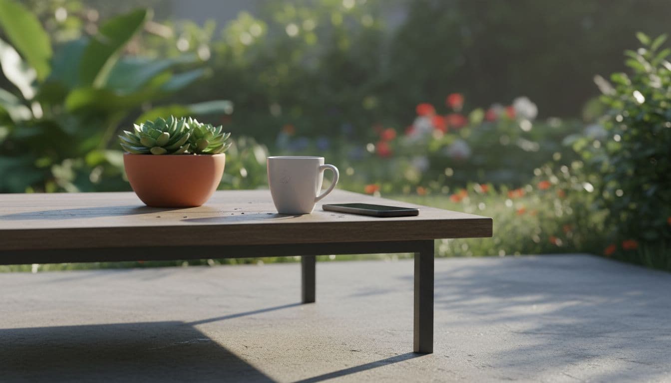 Smartphone on an outdoor patio table beside a coffee cup and potted plant