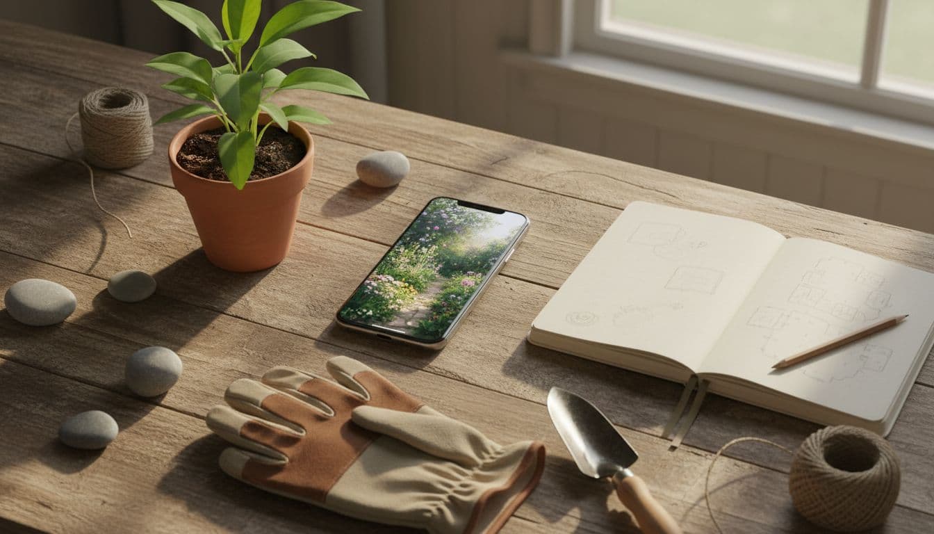 Flat-lay of garden planning essentials including a smartphone, notebook, and potted plant