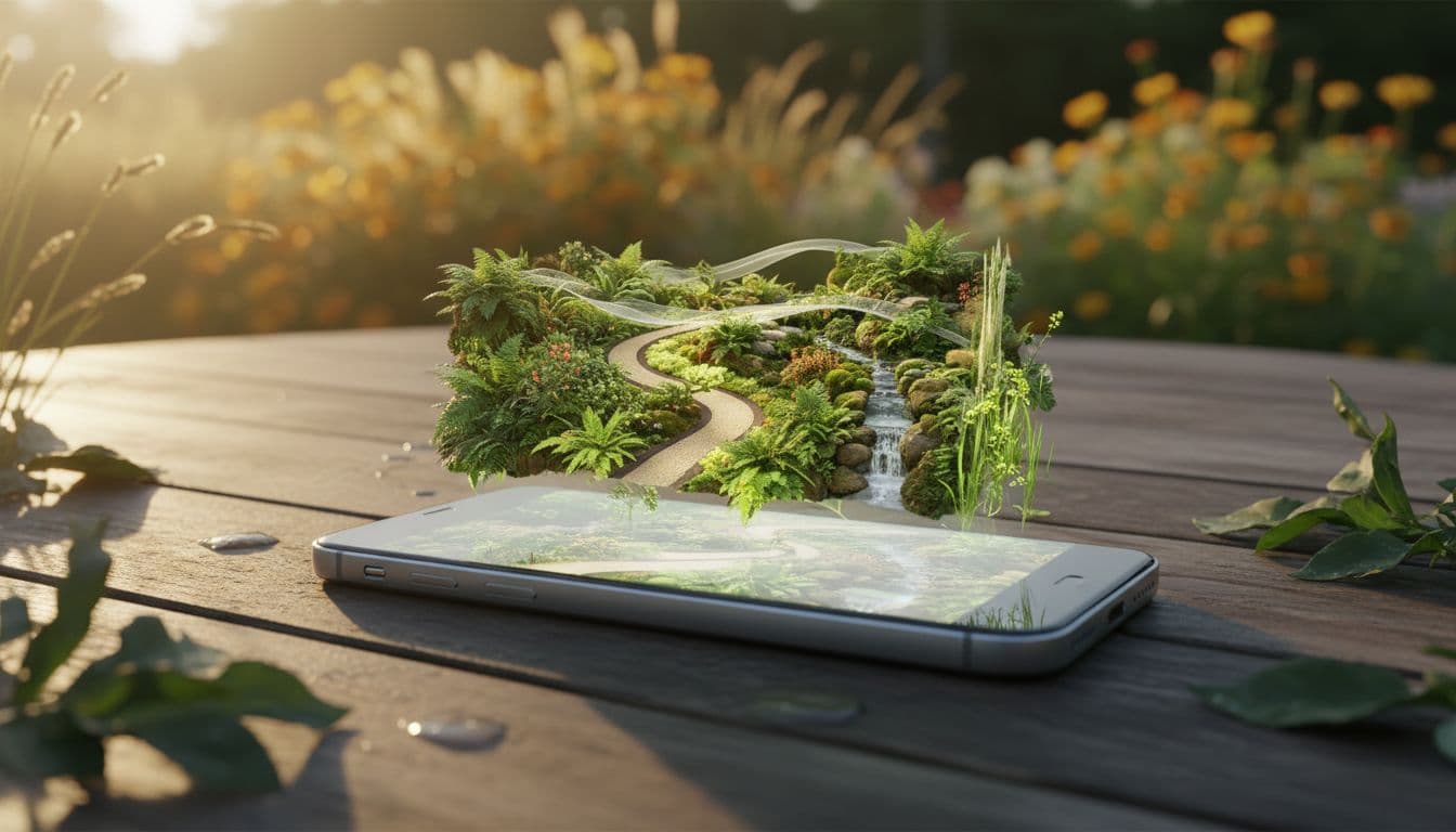 Smartphone on a garden table displaying a lush green garden design concept