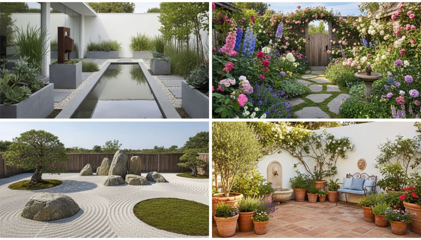 Grid collage of modern, cottage, Japanese, and Mediterranean garden design styles
