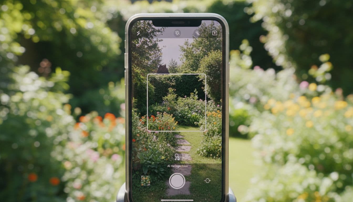 Phone camera photographing a backyard garden for an AI garden redesign