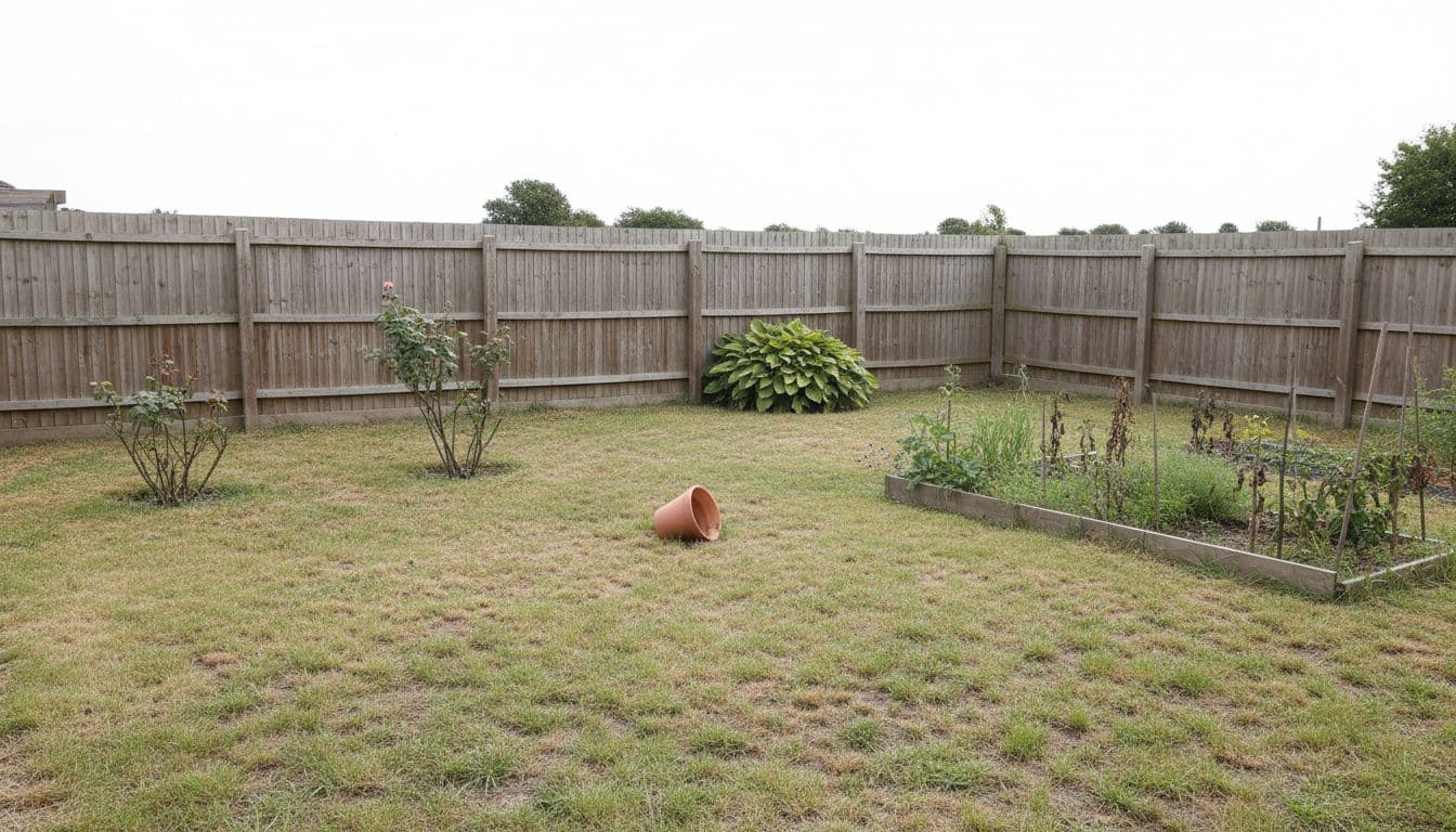 An ordinary backyard garden with a patchy lawn before an AI redesign
