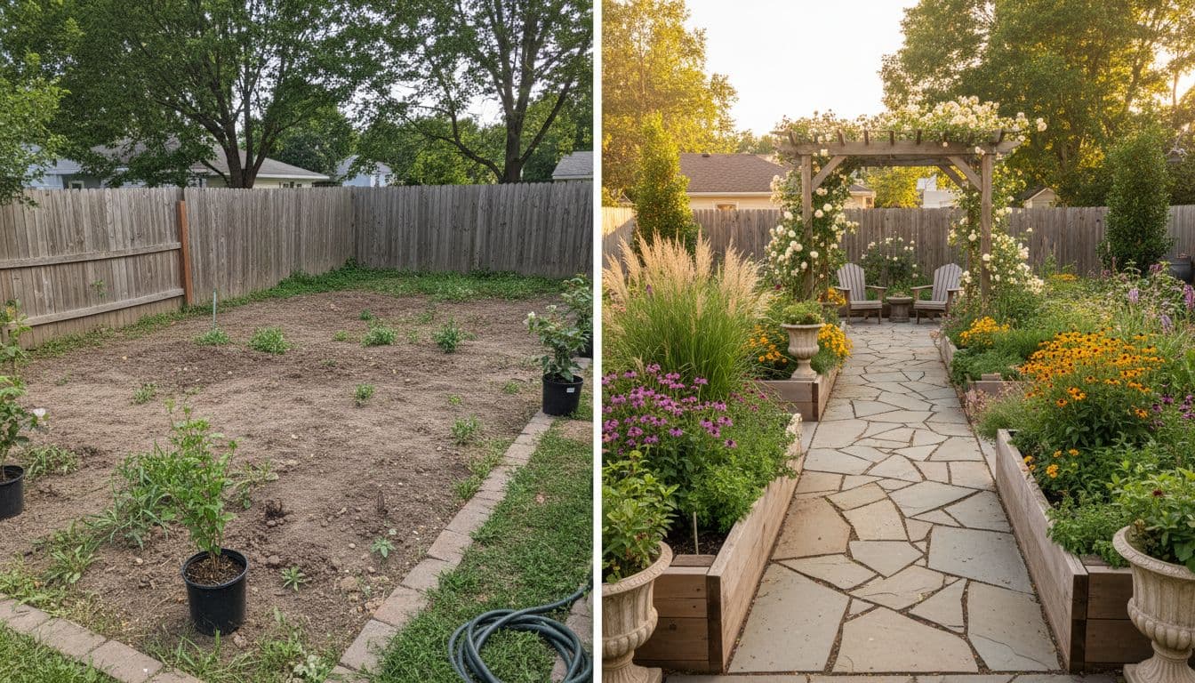 Before-and-after split-screen garden transformation with a stone pathway and raised beds