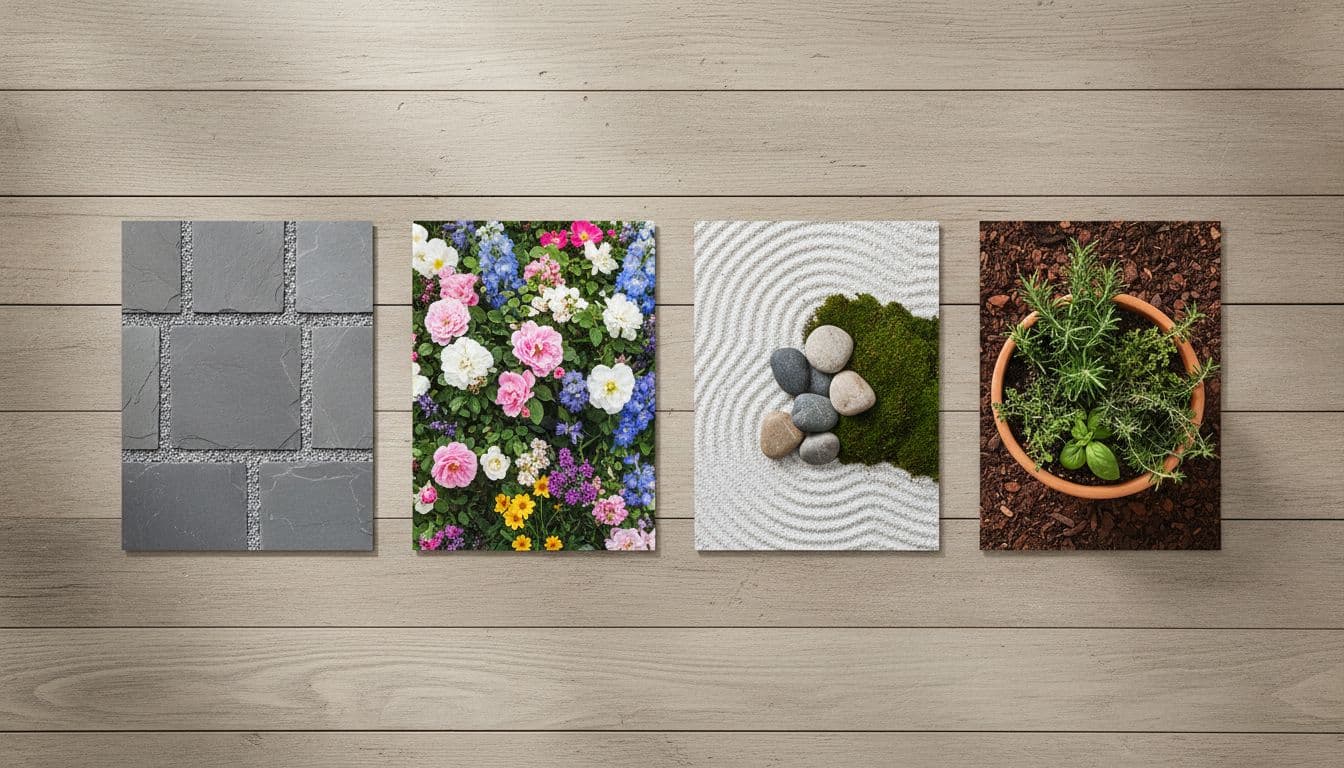 Garden style swatches showing modern, cottage, Japanese, and Mediterranean options