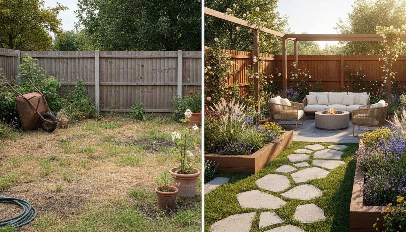 A before-and-after comparison showing a wide, well-lit source photo and its redesign